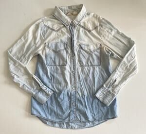 Mudd Women's Juniors Med Pearl Snap Denim Shirt Light Blue Wash Y2K 90s Western